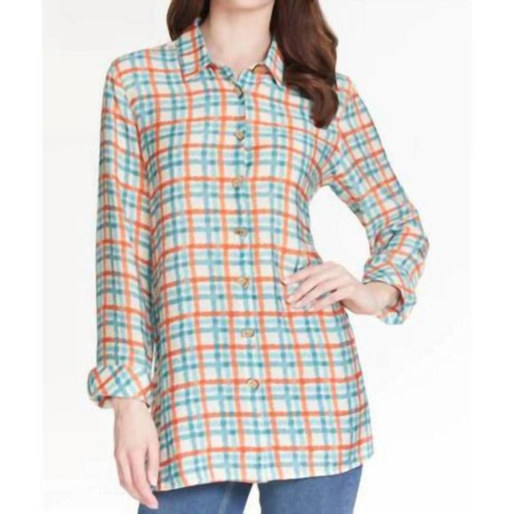 NWT Blue Orange White Plaid L/S Blouse MULTIPLES M